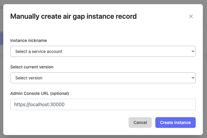 manually create air gap instance dialog